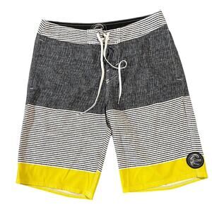 Y2k O'neill Board Shorts 28 x 10 Black Yellow Striped Beach Swim Surf Pac-Sun